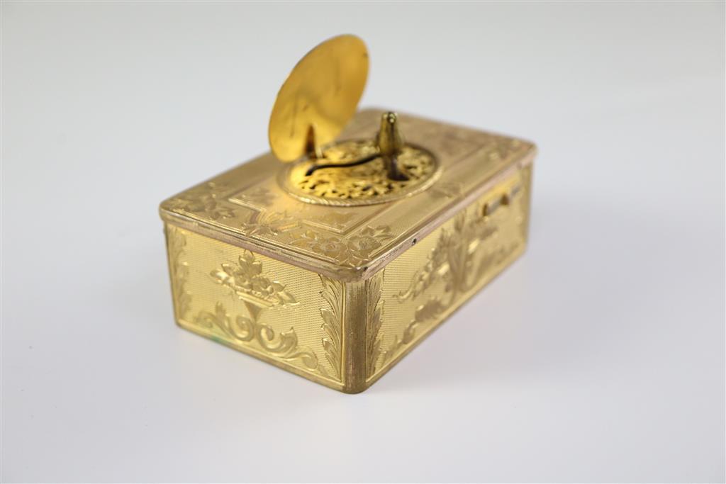 A late 19th century Swiss ormolu singing bird box, width 3.75in. depth 2.5in. height 1.25in.